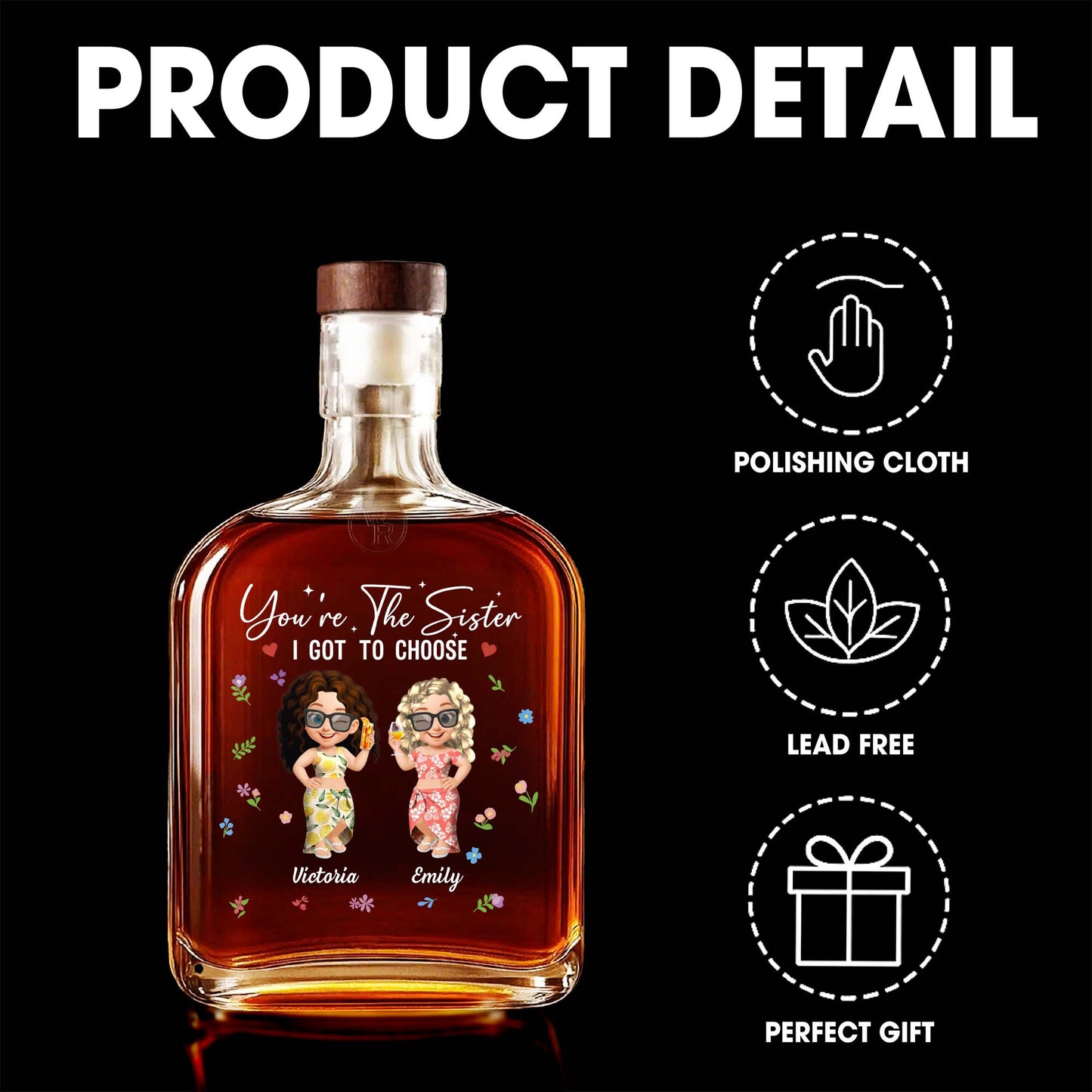 Eres la hermana que elegí, flores y figuras de dibujos animados - Botella de whisky personalizada - BST038_WHIBO