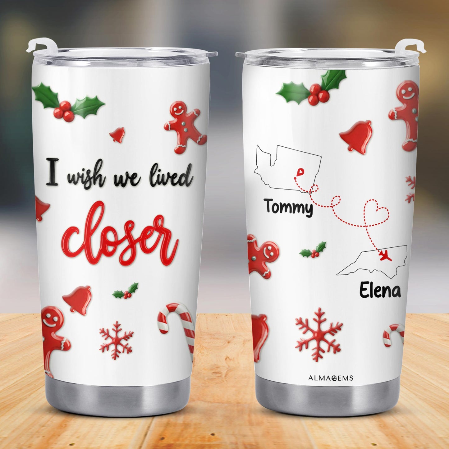 I Wish We Lived Closer Holiday Tumbler With Gingerbread And Snowflake Designs