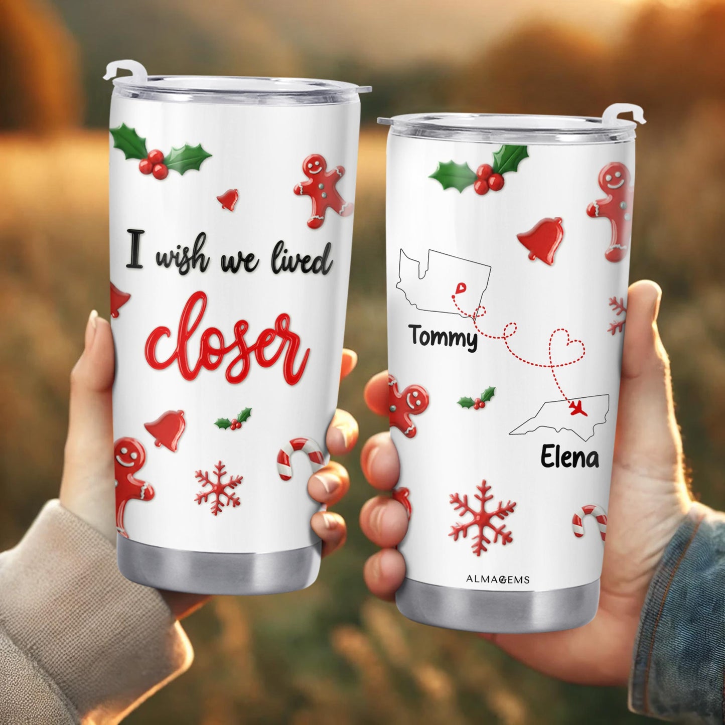 I Wish We Lived Closer Holiday Tumbler With Gingerbread And Snowflake Designs