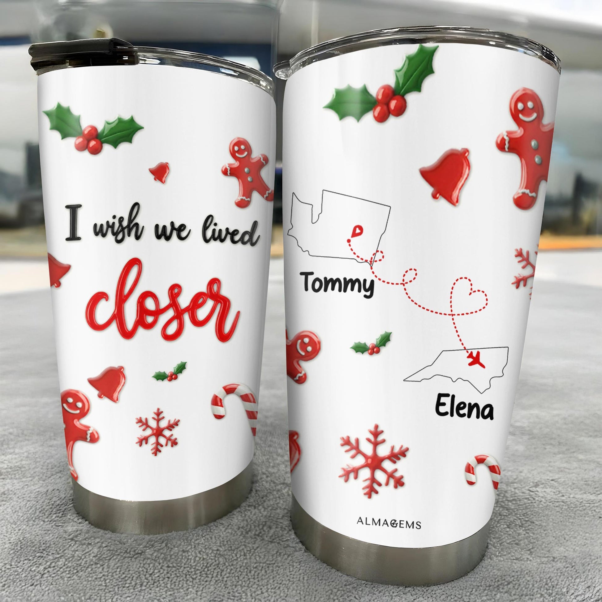 I Wish We Lived Closer Holiday Tumbler With Gingerbread And Snowflake Designs