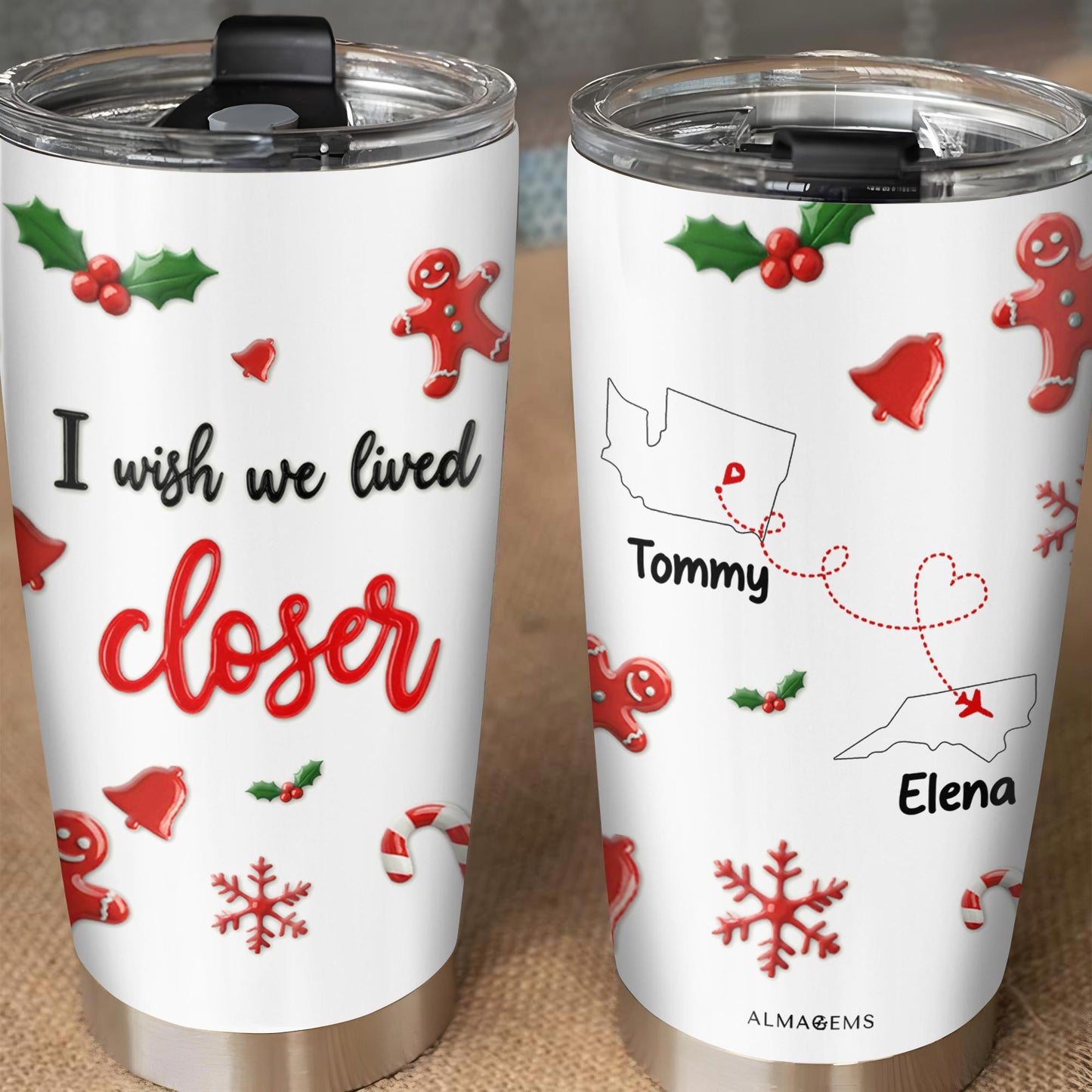 I Wish We Lived Closer Holiday Tumbler With Gingerbread And Snowflake Designs