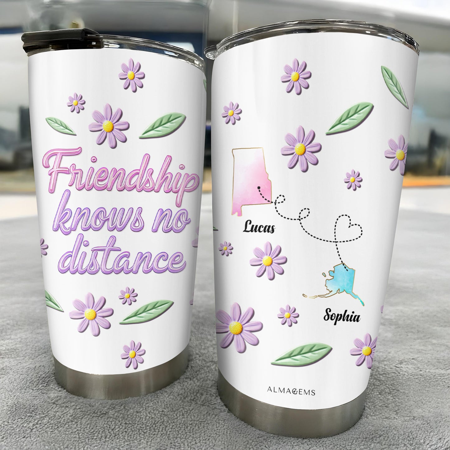 Friendship Knows No Distance With Flowers And State Outlines - Personalized Custom Stainless Steel Tumbler 20oz 30oz - BST053_TB