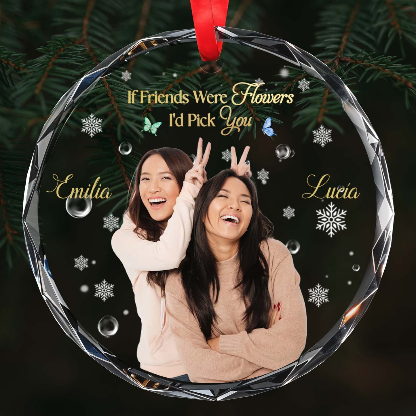 If Friends Were Flowers, I'd Pick You With Snowflakes And Flowers Design - Personalized Custom Circle Glass Ornament - BST055_CGOR