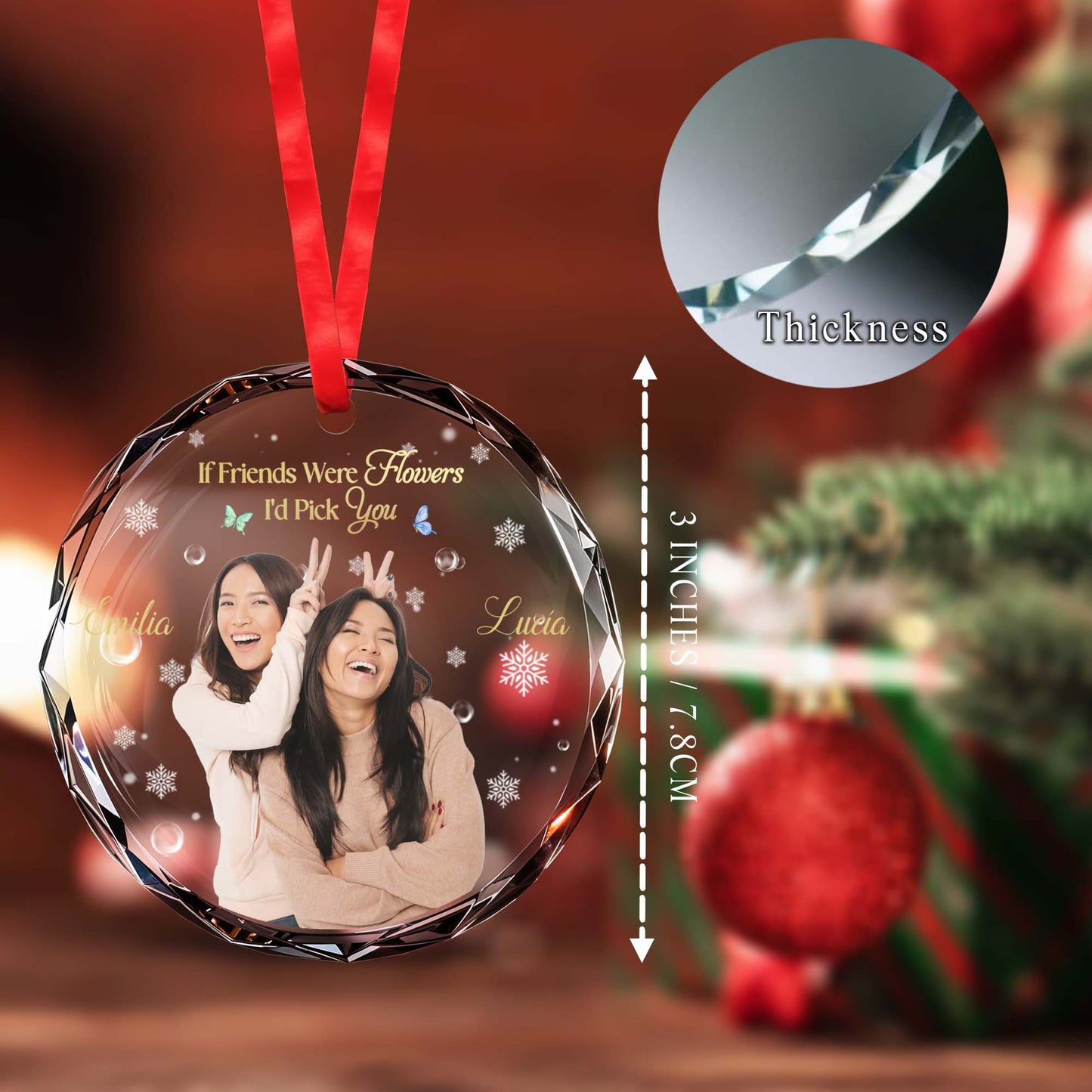 If Friends Were Flowers, I'd Pick You With Snowflakes And Flowers Design - Personalized Custom Circle Glass Ornament - BST055_CGOR