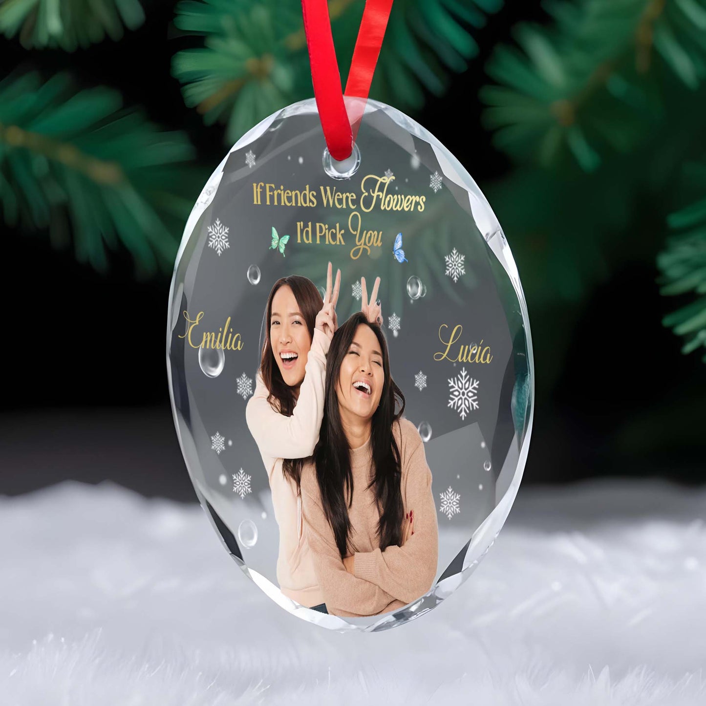 If Friends Were Flowers, I'd Pick You With Snowflakes And Flowers Design - Personalized Custom Circle Glass Ornament - BST055_CGOR