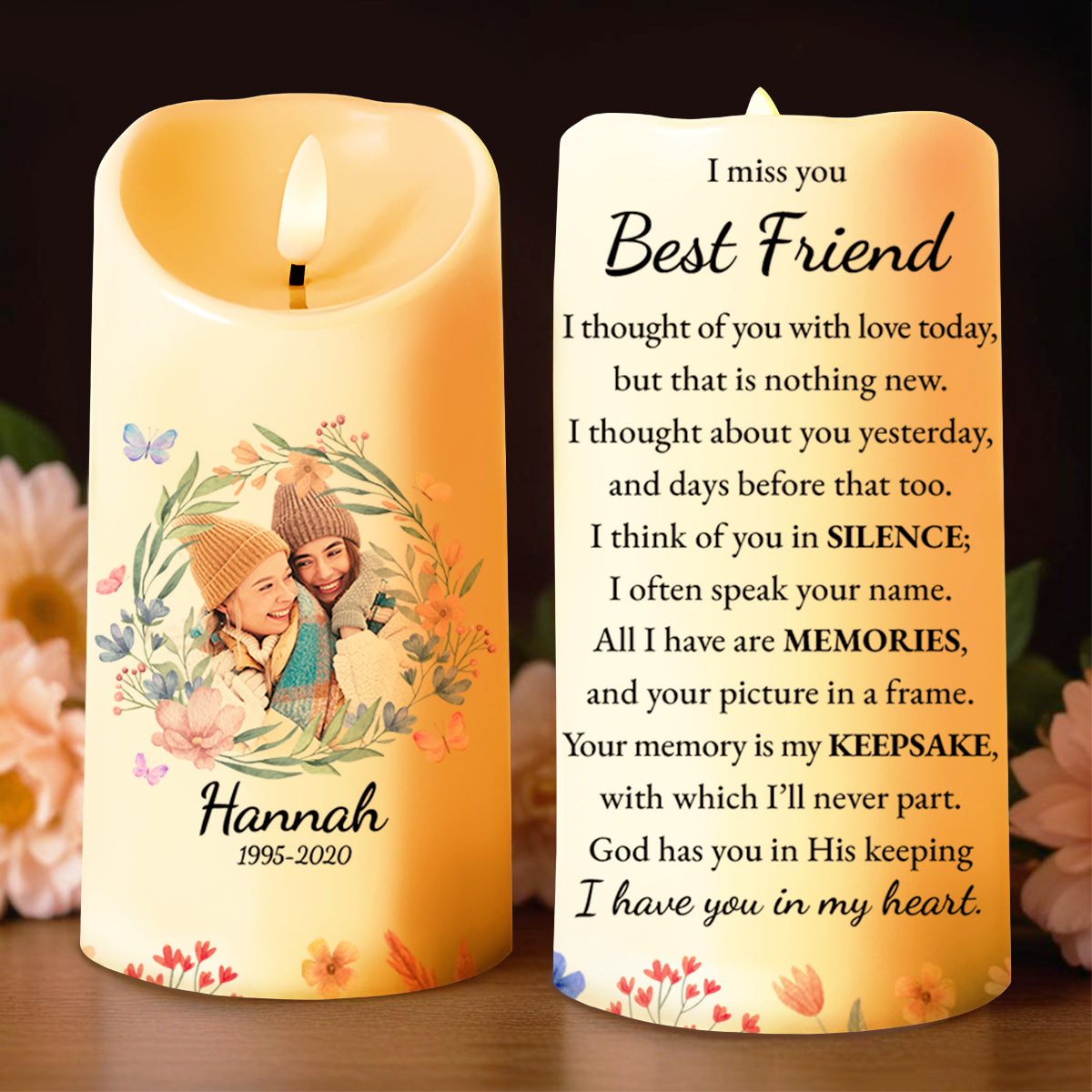I Miss You Best Friend Memorial Candle With Flower Design