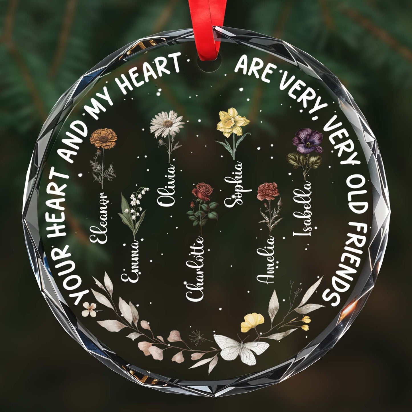 Heart And Heart Old Friends Glass Ornament With Floral Design