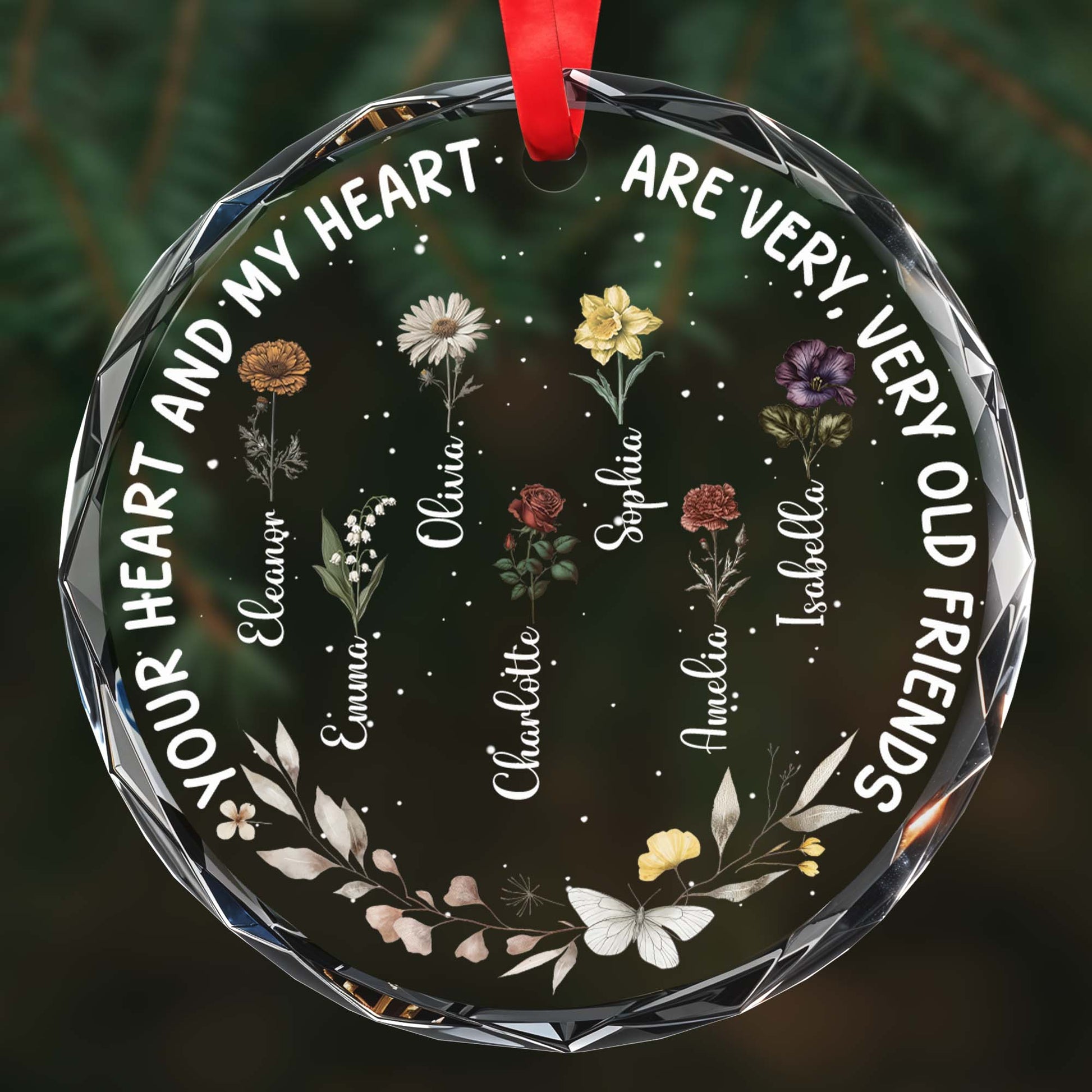 Heart And Heart Old Friends Glass Ornament With Floral Design