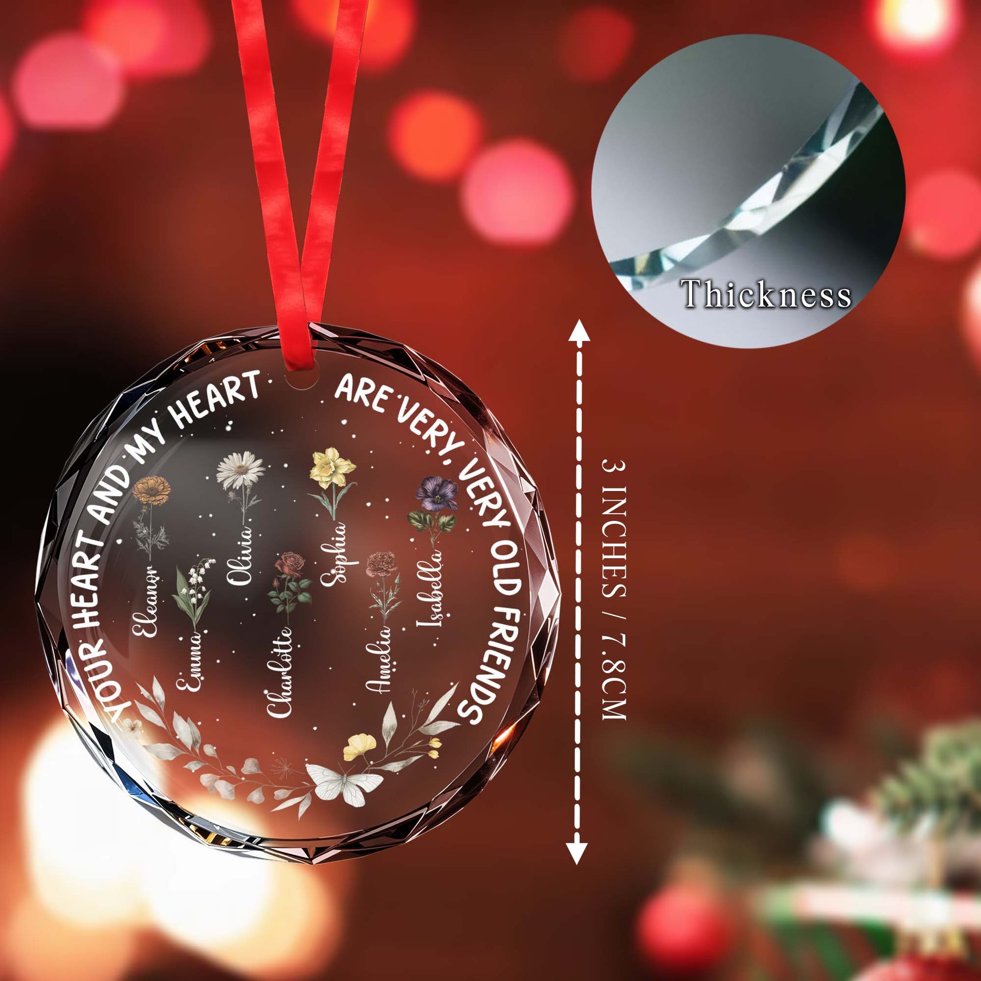 Heart And Heart Old Friends Glass Ornament With Floral Design