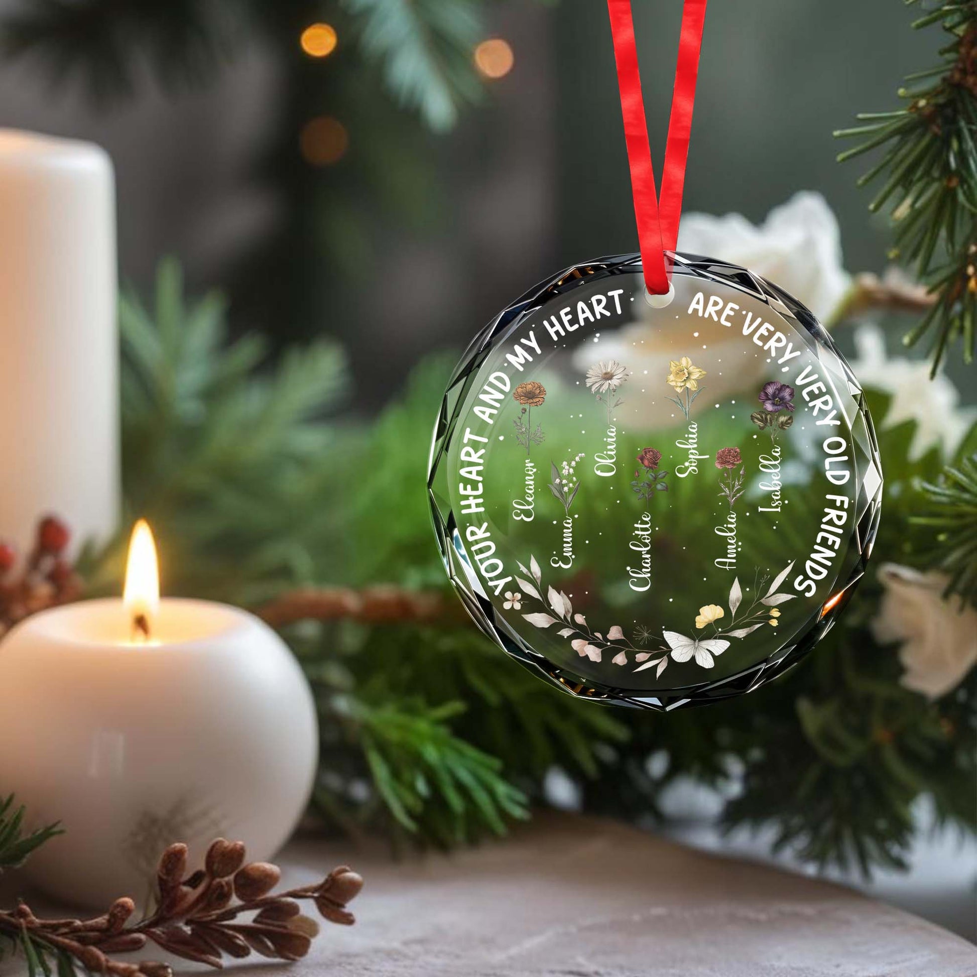 Heart And Heart Old Friends Glass Ornament With Floral Design