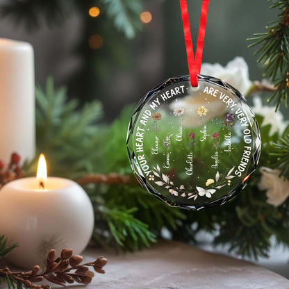 Heart And Heart Old Friends Glass Ornament With Floral Design