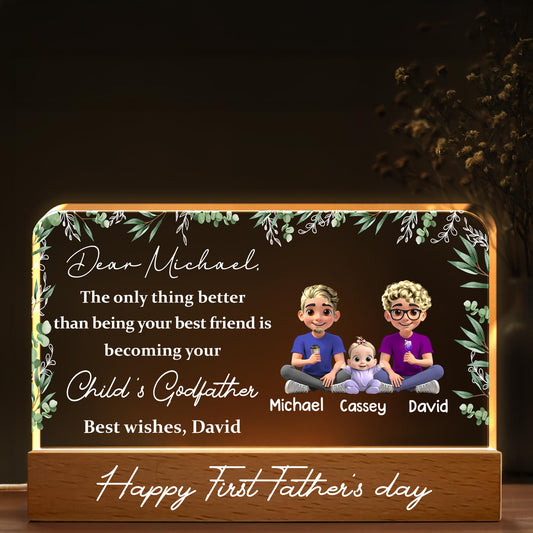 Querido Michael, lo único mejor que ser tu mejor amigo es convertirte en el padrino de tu hijo, familia y hojas - Luz de noche LED personalizada con base de madera - BST145_LEWO