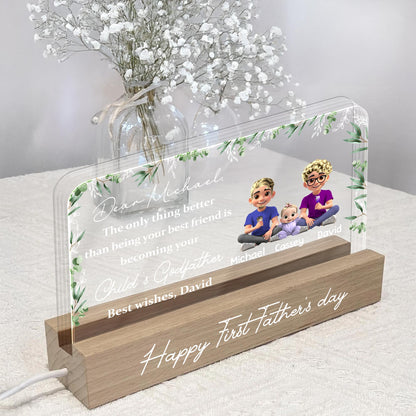 Cher Michael, la seule chose qui soit meilleure que d'être ton meilleur ami, c'est de devenir le parrain de ton enfant, de sa famille et de ses feuilles - Veilleuse LED personnalisée avec base en bois - BST145_LEWO