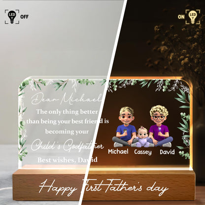 Cher Michael, la seule chose qui soit meilleure que d'être ton meilleur ami, c'est de devenir le parrain de ton enfant, de sa famille et de ses feuilles - Veilleuse LED personnalisée avec base en bois - BST145_LEWO