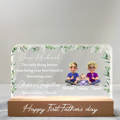 Cher Michael, la seule chose qui soit meilleure que d'être ton meilleur ami, c'est de devenir le parrain de ton enfant, de sa famille et de ses feuilles - Veilleuse LED personnalisée avec base en bois - BST145_LEWO