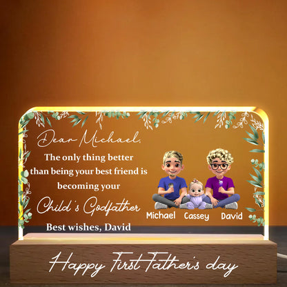 Cher Michael, la seule chose qui soit meilleure que d'être ton meilleur ami, c'est de devenir le parrain de ton enfant, de sa famille et de ses feuilles - Veilleuse LED personnalisée avec base en bois - BST145_LEWO