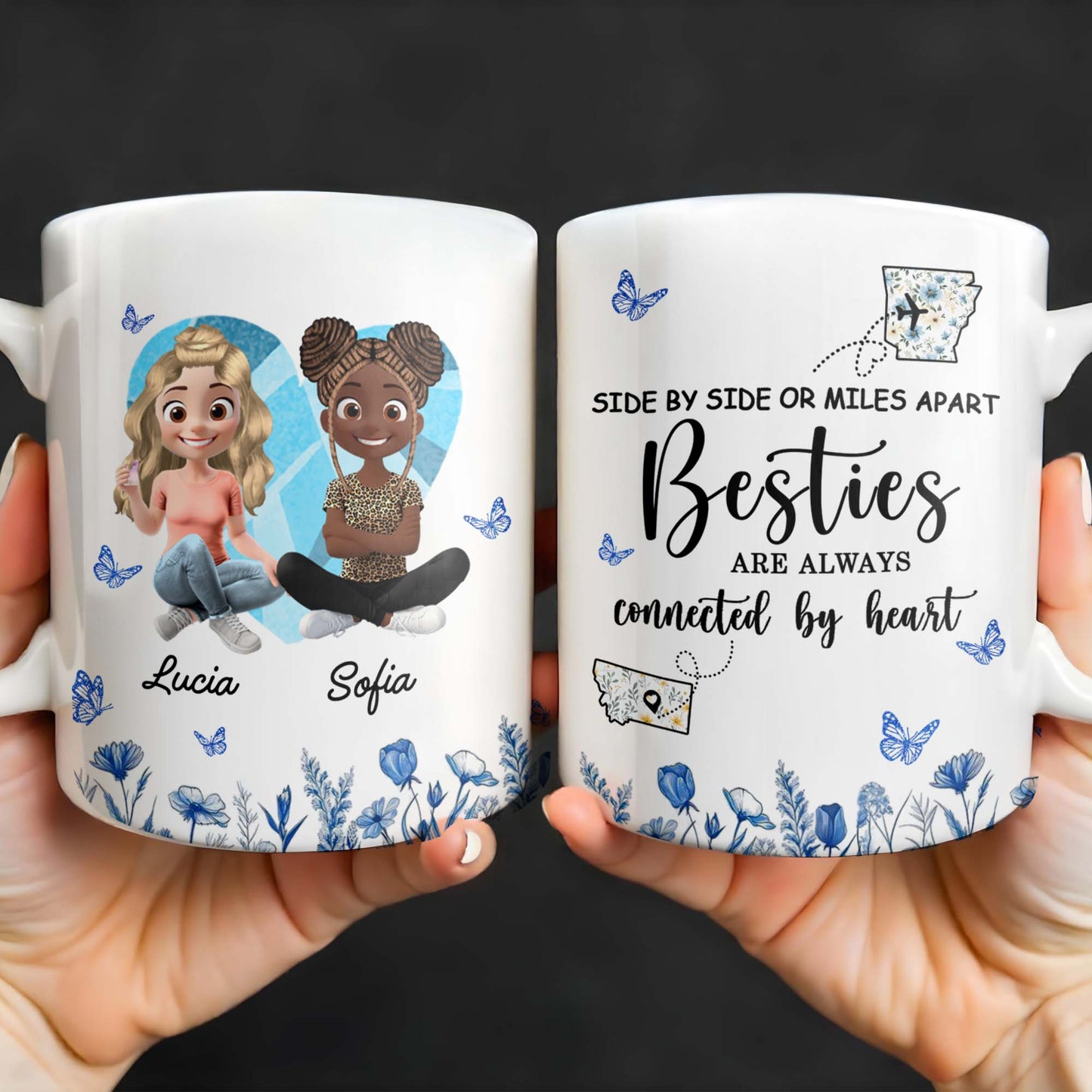 Side By Side Or Miles Apart, Besties Are Always Connected By Heart, Butterflies and Flowers