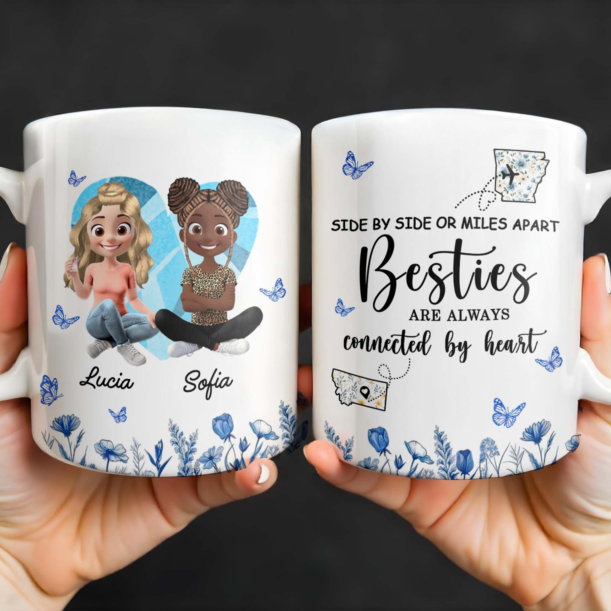 Side By Side Or Miles Apart, Besties Are Always Connected By Heart, Butterflies and Flowers
