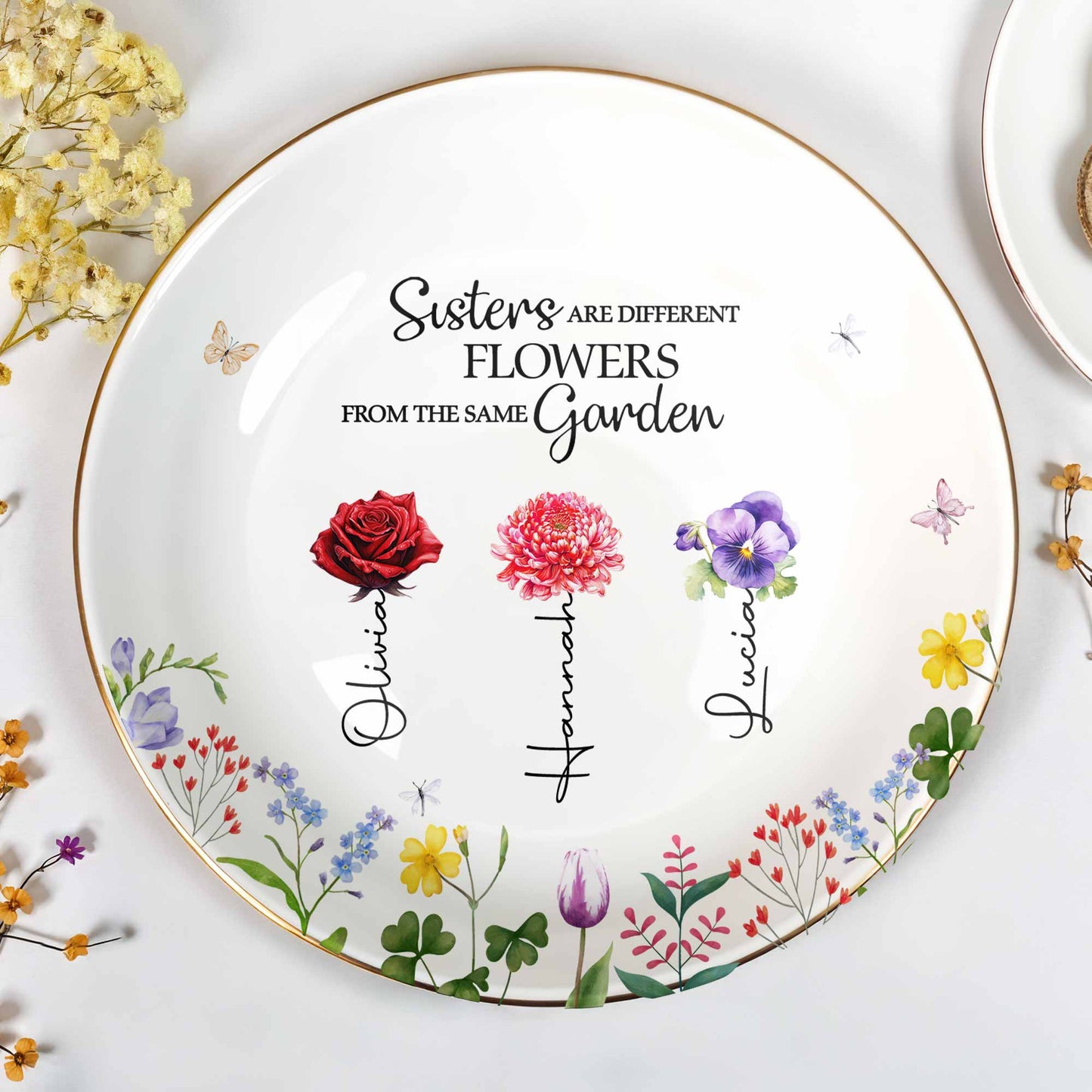 Les sœurs sont différentes, les fleurs du même jardin - Plat à bijoux personnalisé, plat en céramique, forme ronde - BST182_RCRF
