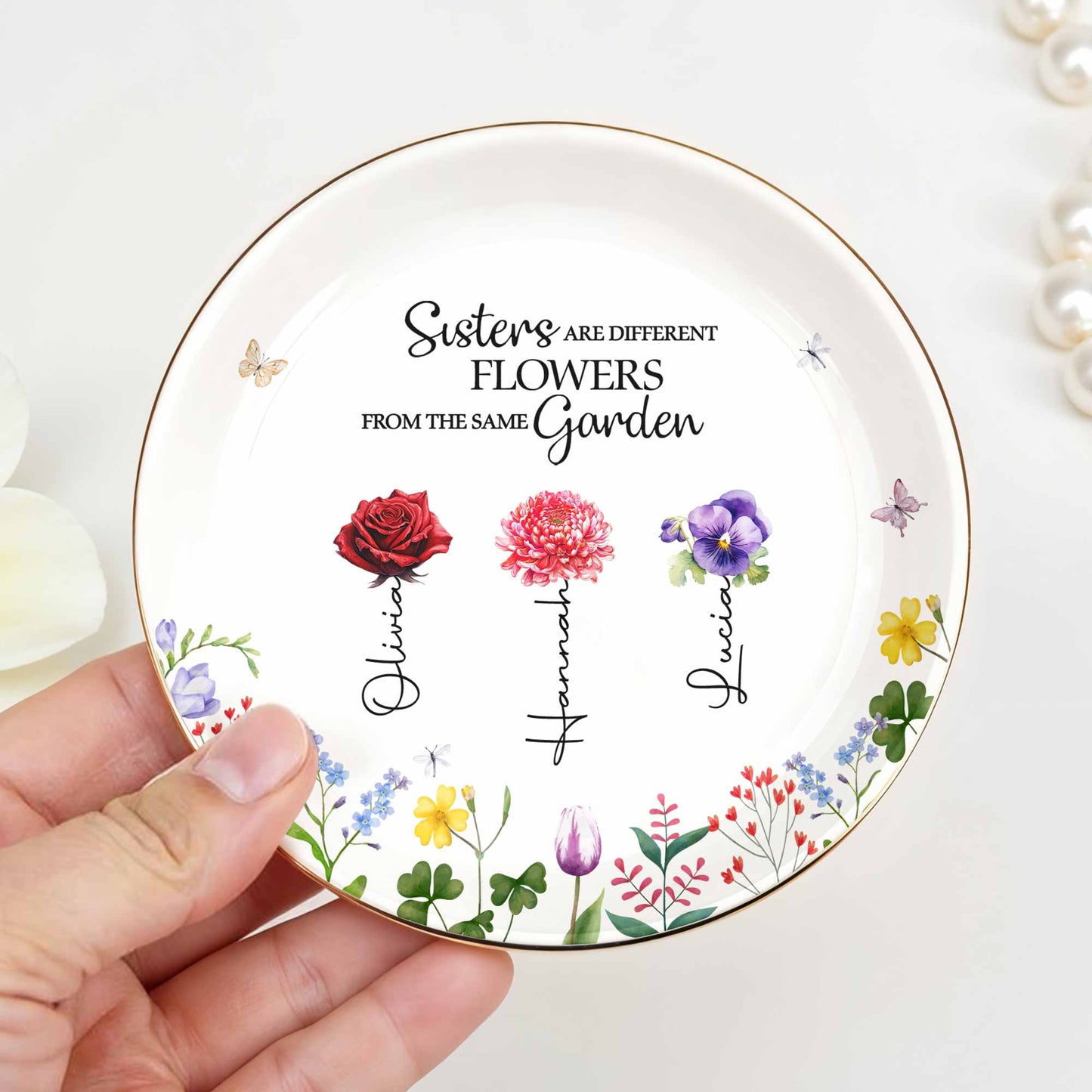 Les sœurs sont différentes, les fleurs du même jardin - Plat à bijoux personnalisé, plat en céramique, forme ronde - BST182_RCRF