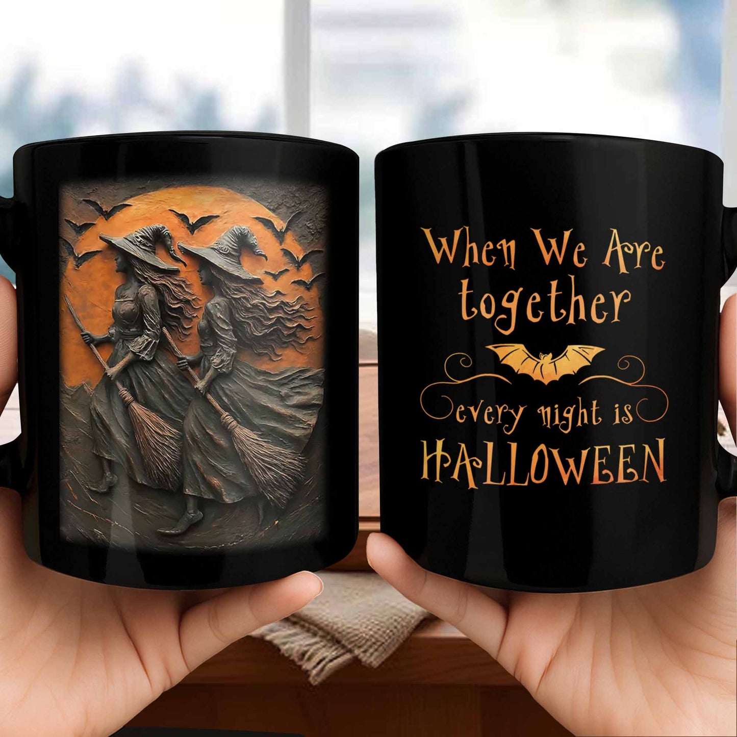 Quand nous sommes ensemble, chaque nuit, c'est Halloween avec des sorcières et des chauves-souris - Mug noir personnalisé - BST187_BMUG