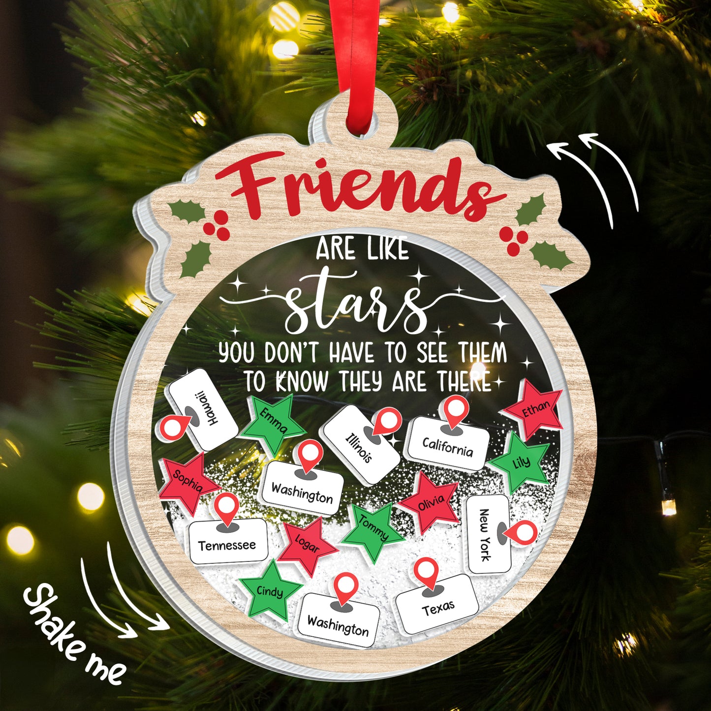 Friends Are Like Stars, Shake-Me Map Ornament With Heart Pins