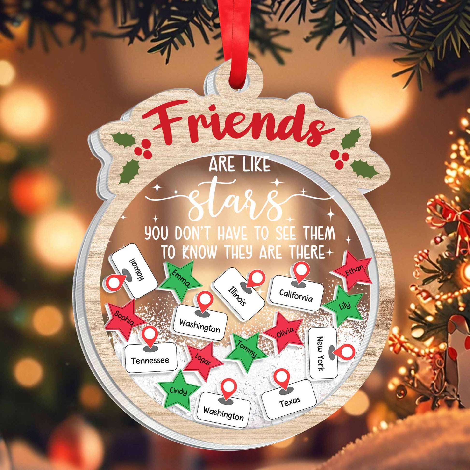 Friends Are Like Stars, Shake-Me Map Ornament With Heart Pins