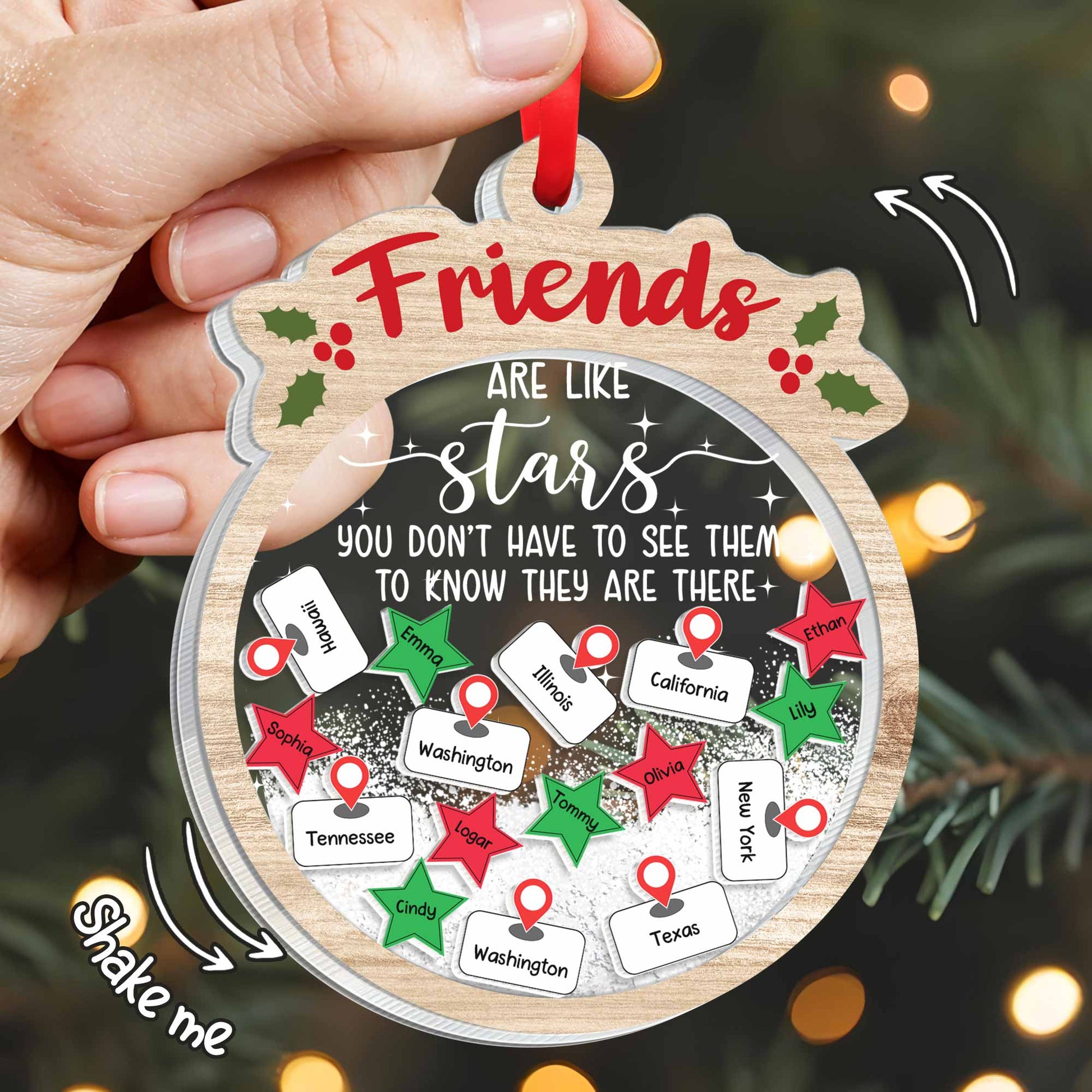 Friends Are Like Stars, Shake-Me Map Ornament With Heart Pins