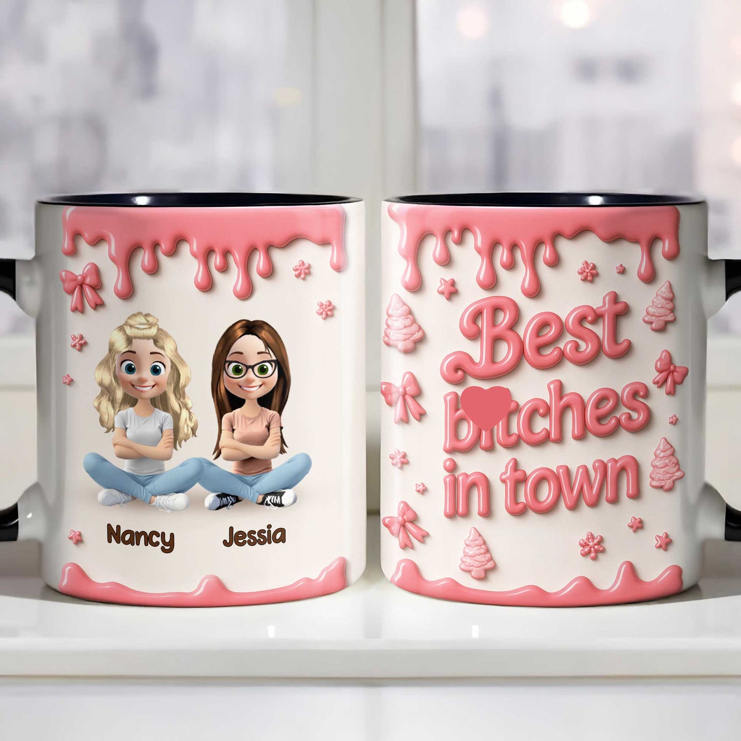 Taza personalizada con diseño de amigos de dibujos animados y pintura goteando - Taza con acento personalizado - BST191_AMUG