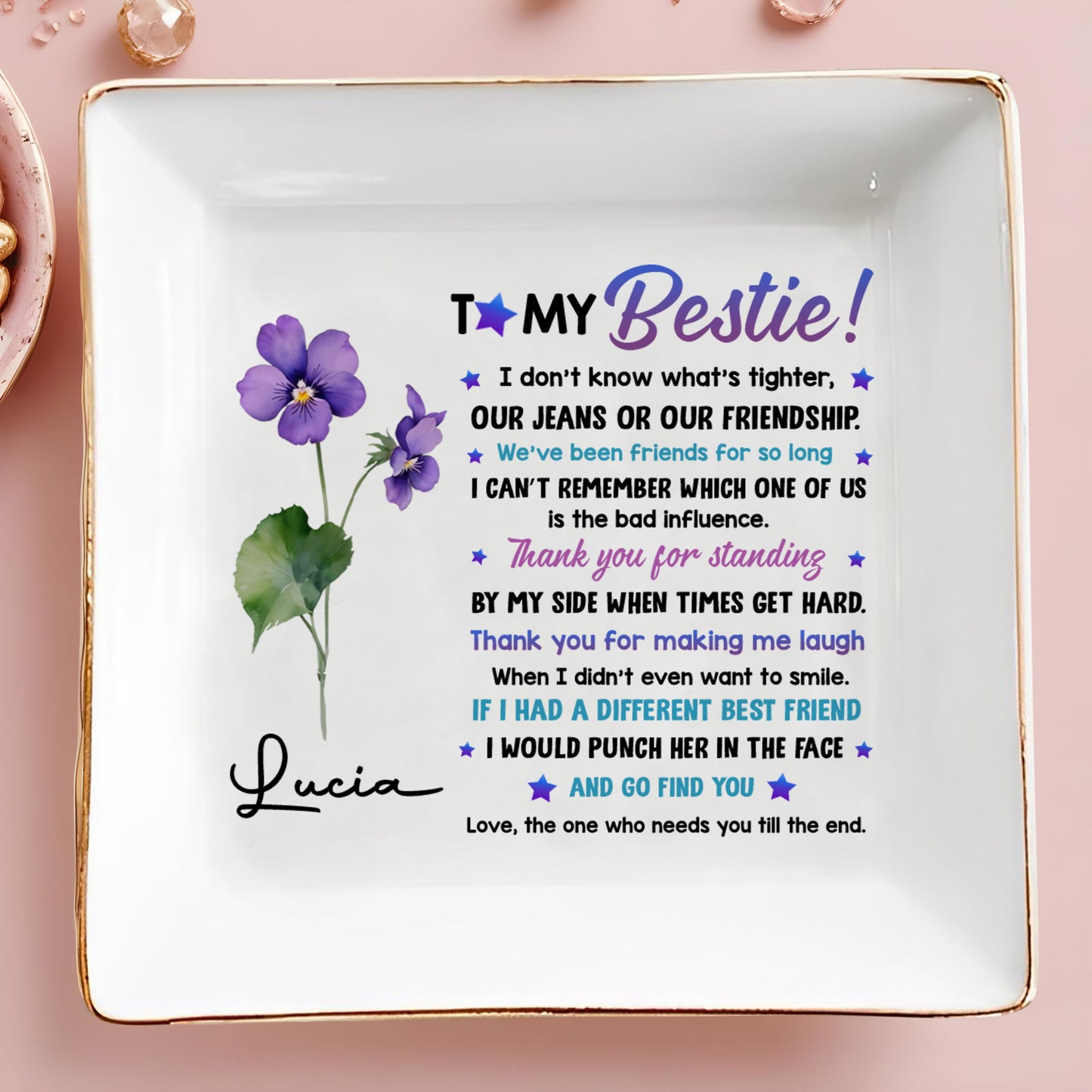 To My Bestie, Violet Flower Square Ceramic Dish