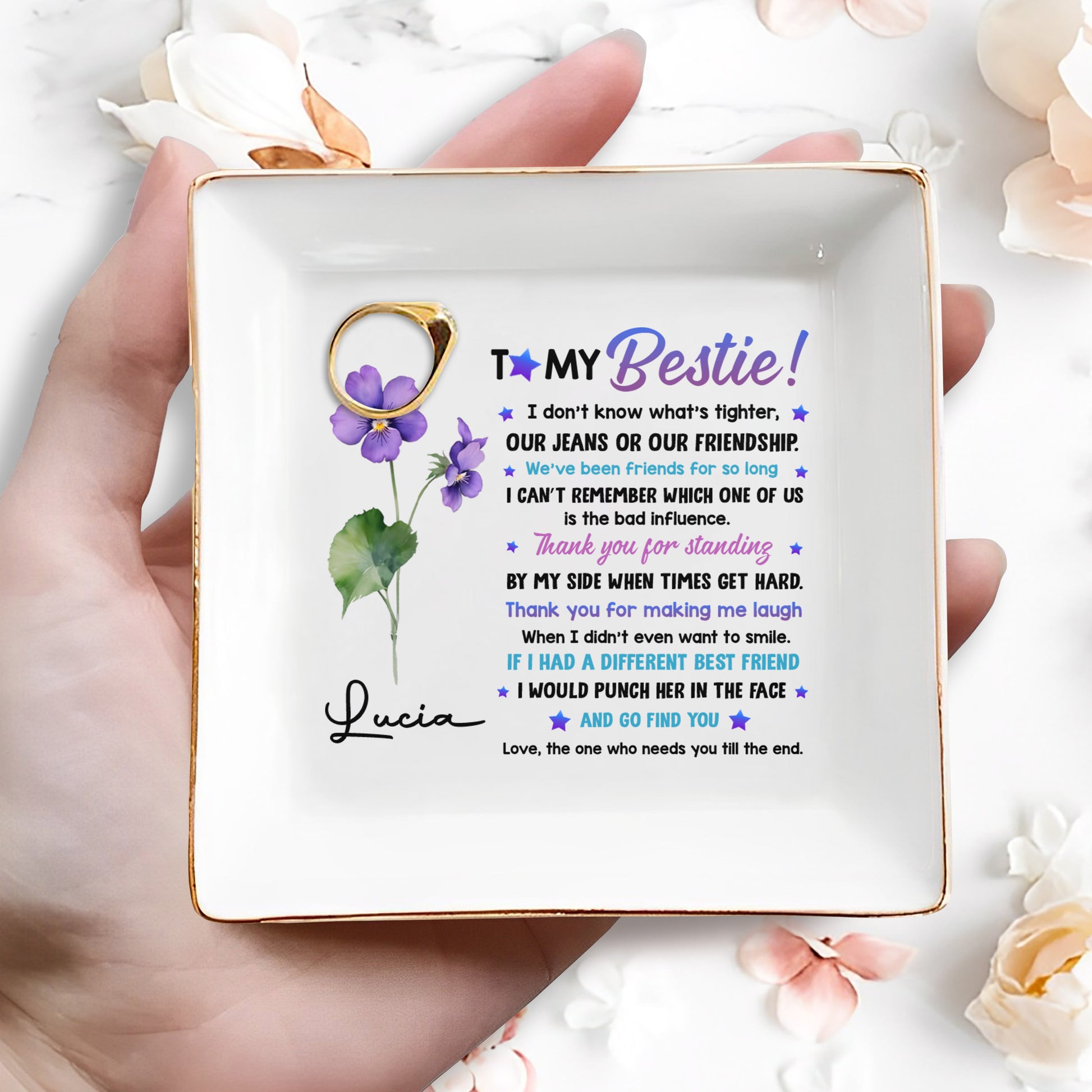 To My Bestie, Violet Flower Square Ceramic Dish