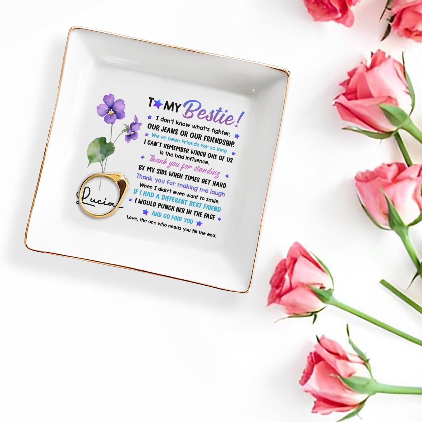 To My Bestie, Violet Flower Square Ceramic Dish