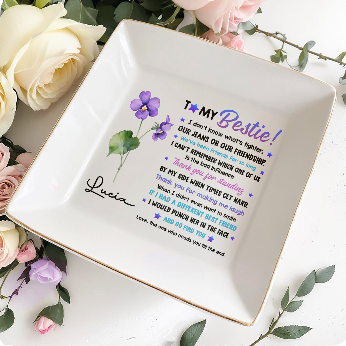 To My Bestie, Violet Flower Square Ceramic Dish