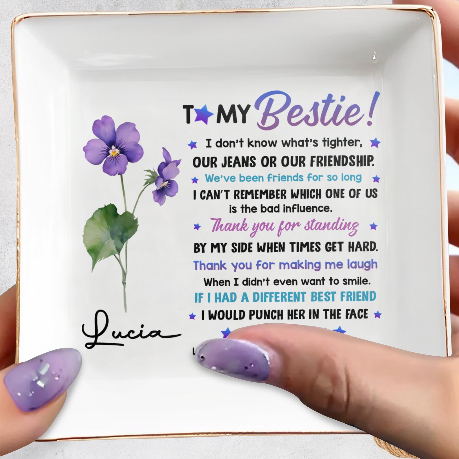 To My Bestie, Violet Flower Square Ceramic Dish