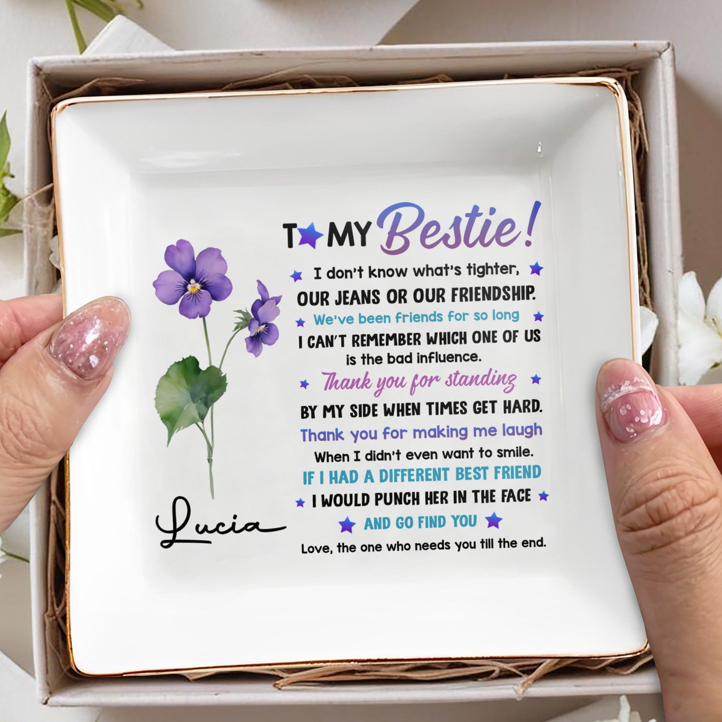 To My Bestie, Violet Flower Square Ceramic Dish