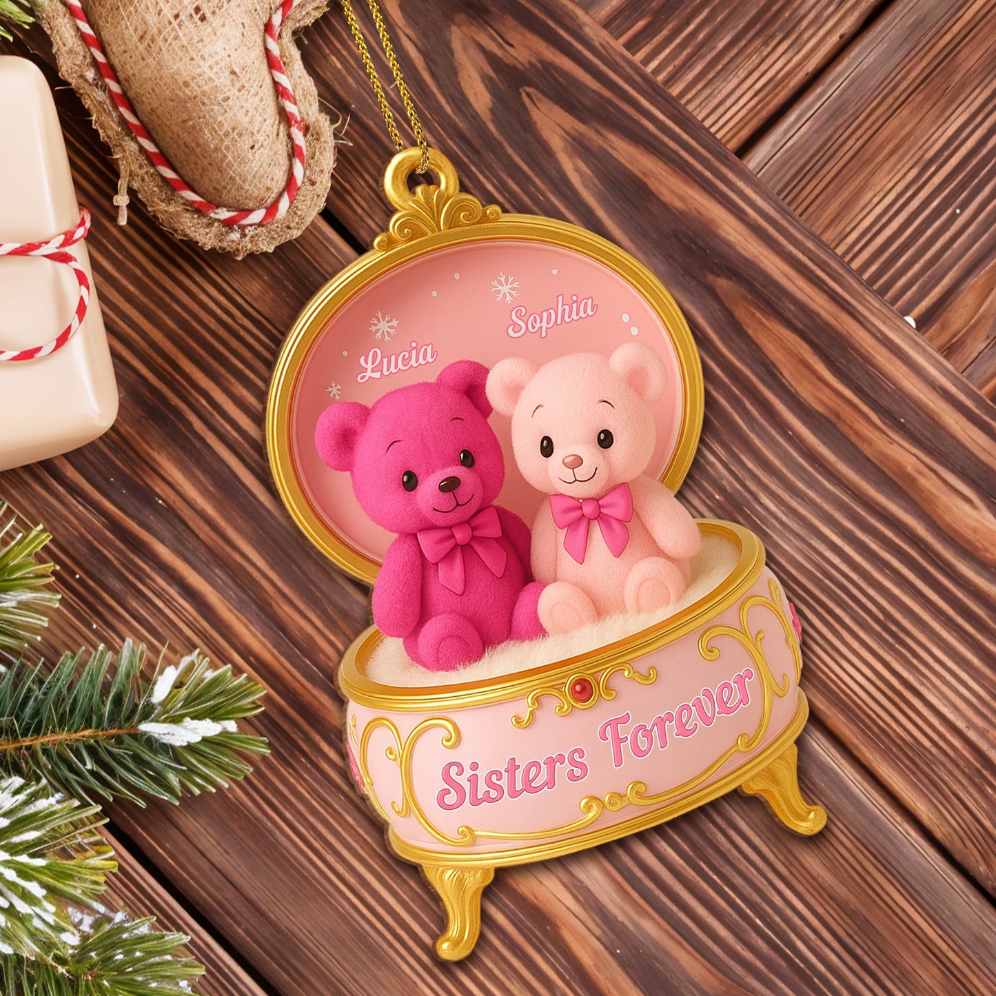 Caja de música "Hermana por Siempre" con ositos de peluche - Adorno de madera personalizado, forma personalizada - BST203_WDO