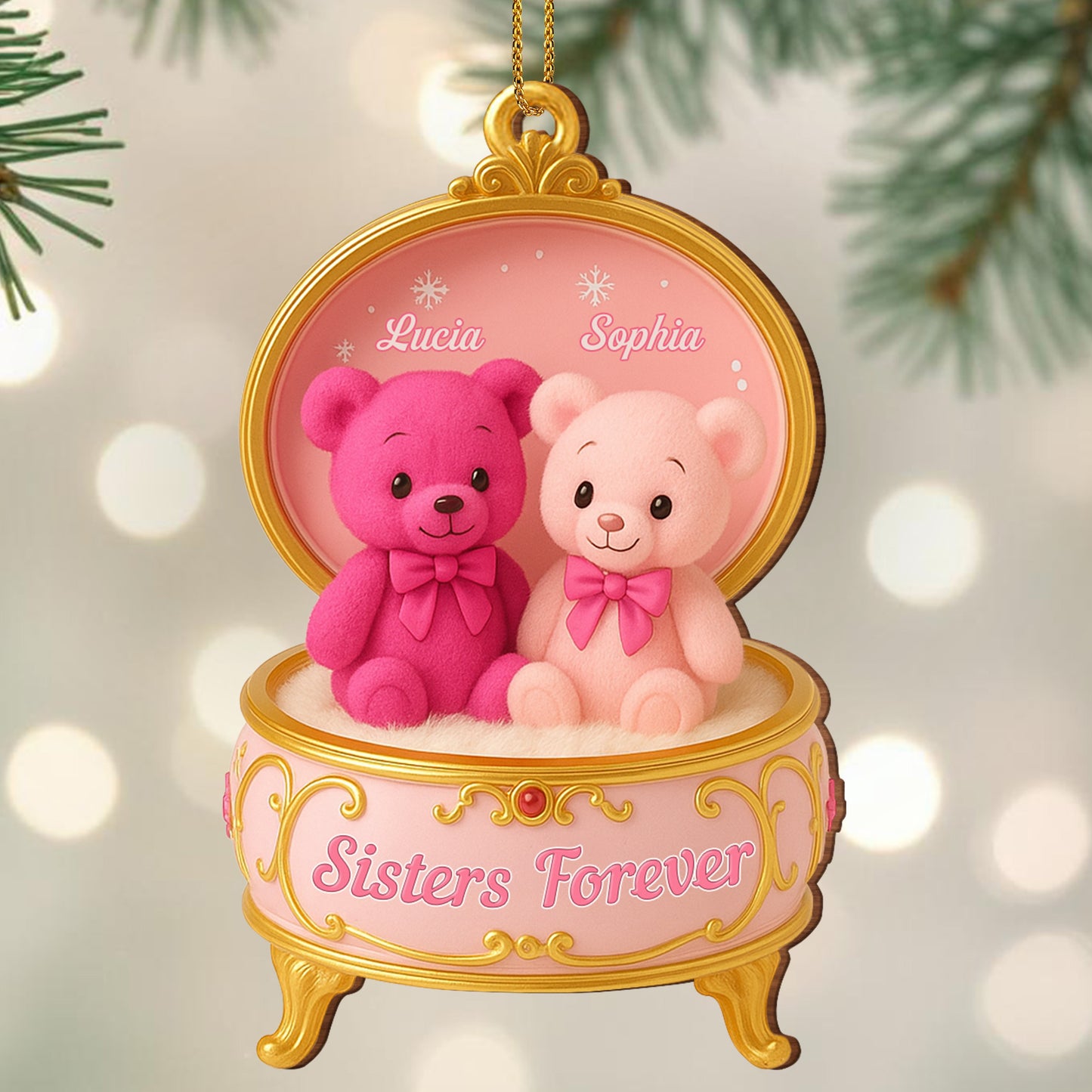 Caja de música "Hermana por Siempre" con ositos de peluche - Adorno de madera personalizado, forma personalizada - BST203_WDO