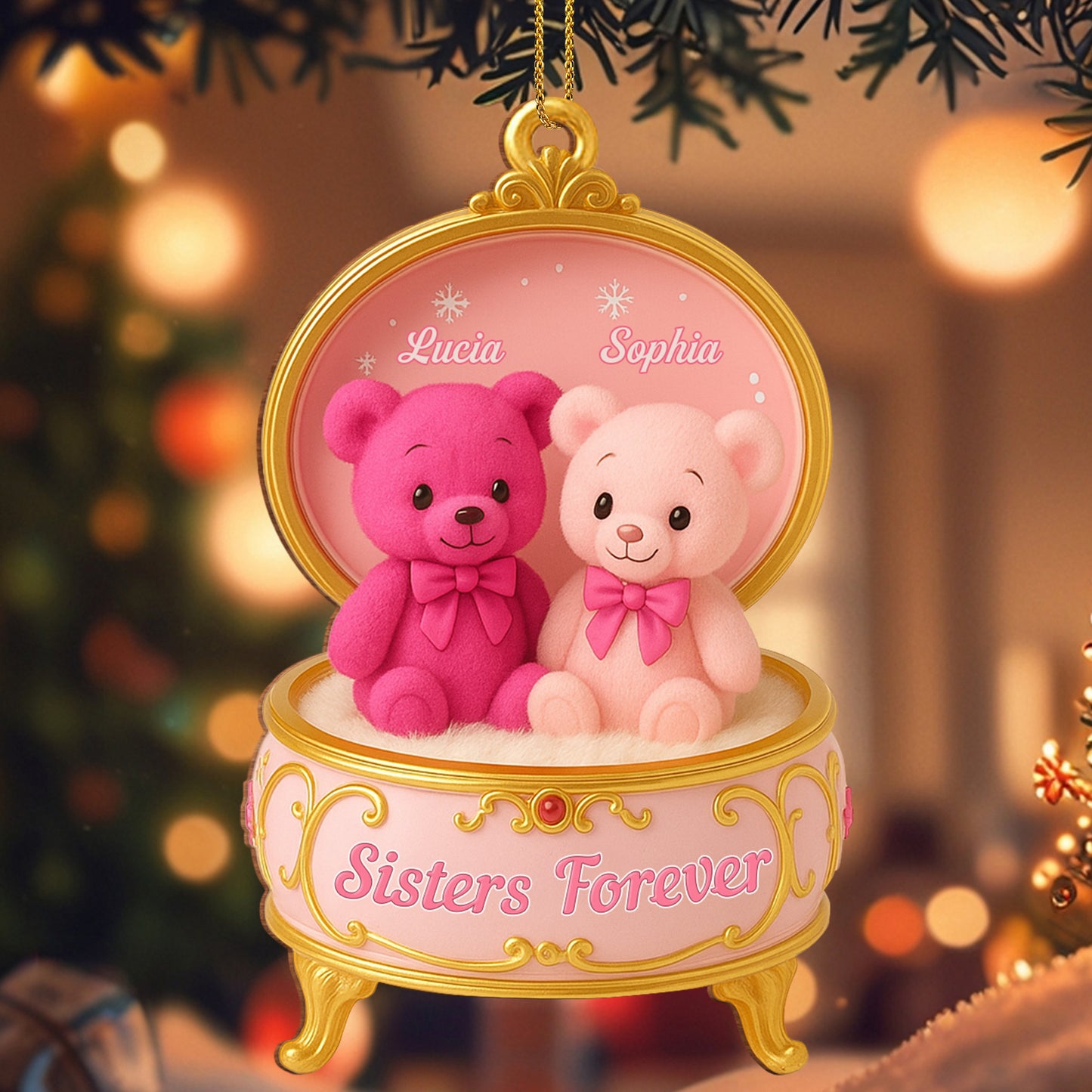 Caja de música "Hermana por Siempre" con ositos de peluche - Adorno de madera personalizado, forma personalizada - BST203_WDO