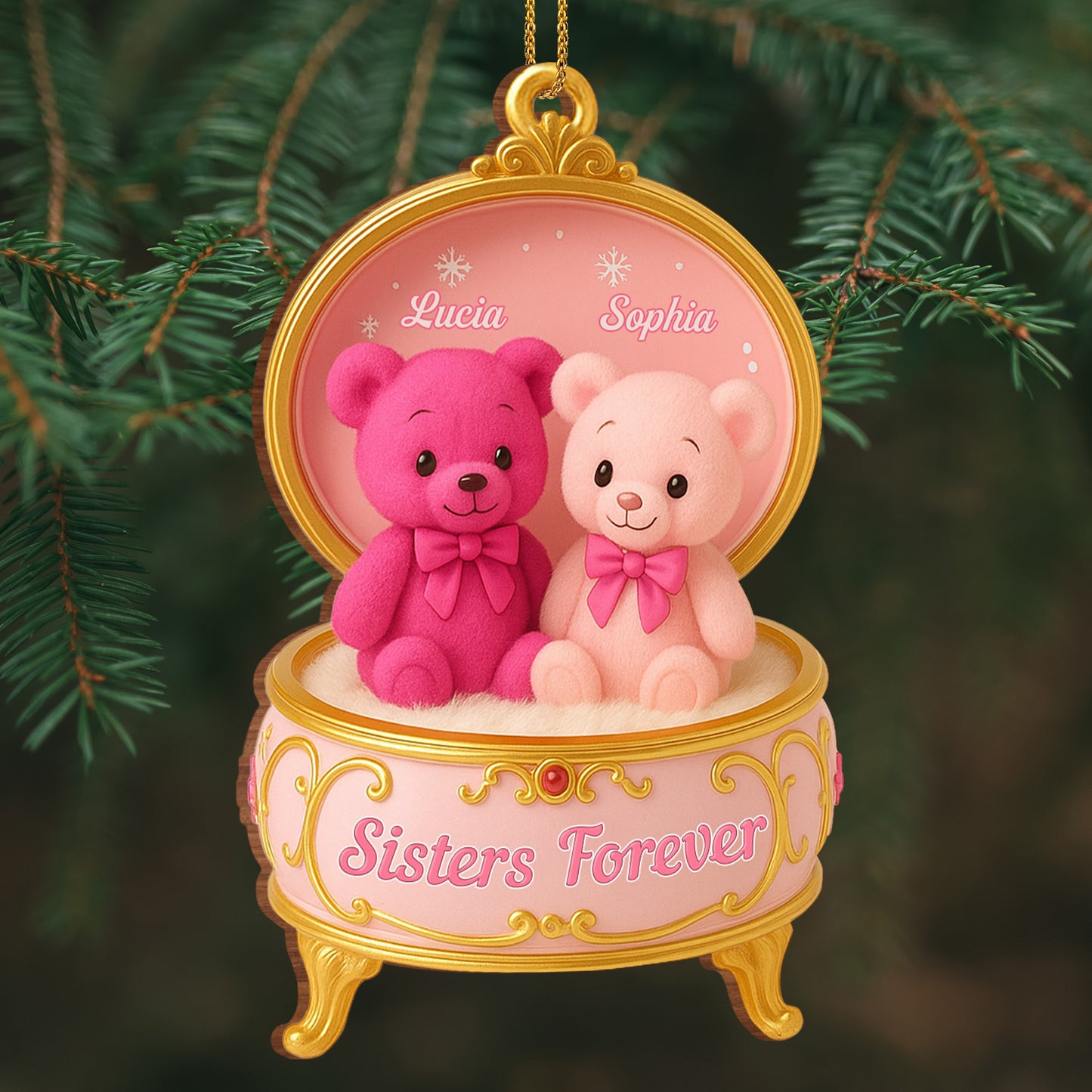 Caja de música "Hermana por Siempre" con ositos de peluche - Adorno de madera personalizado, forma personalizada - BST203_WDO