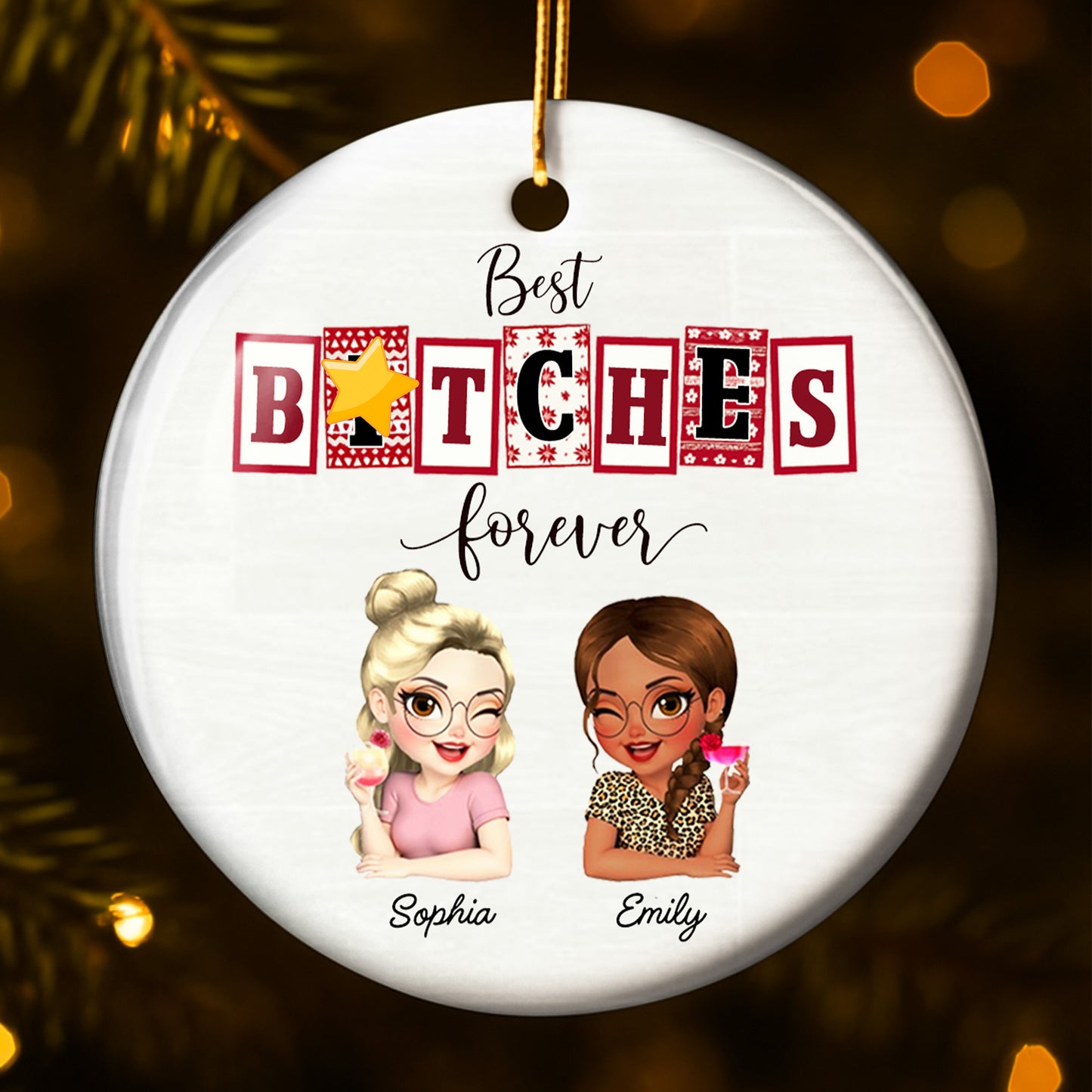 Adorno personalizado "Mejores perras para siempre, amigas para siempre" - Adorno de cerámica personalizado con forma redonda - BST212_RCE