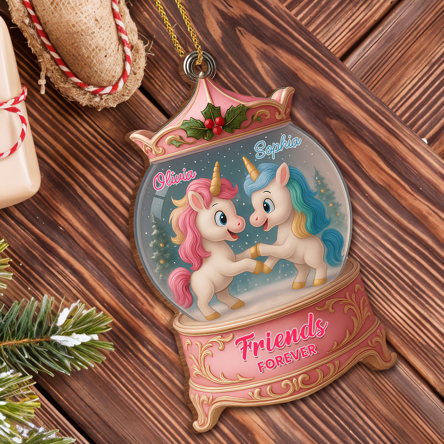 Besties Forever With Unicorns In Snow Globe - Personalized Custom Wood Ornament, Custom Shaped - BST217_WDO