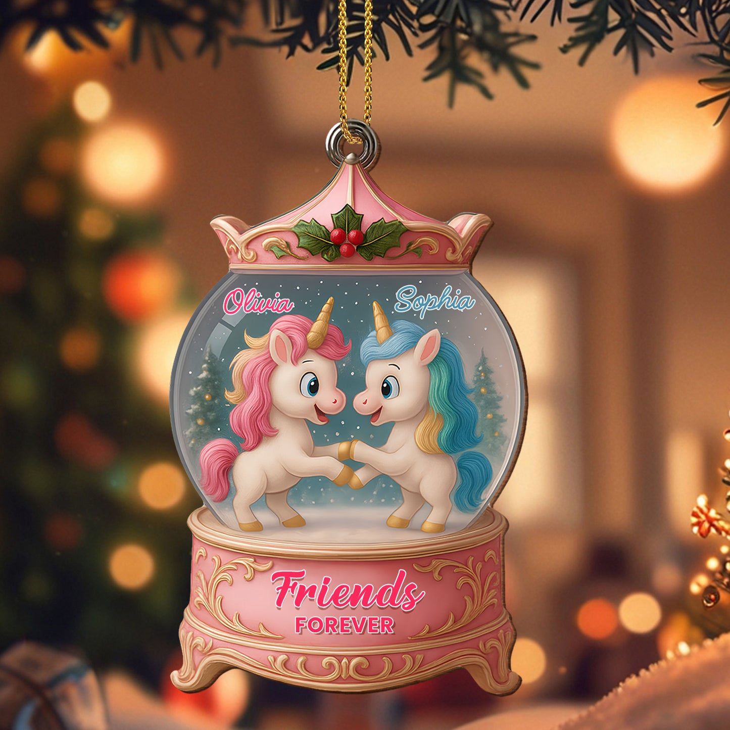 Besties Forever With Unicorns In Snow Globe - Personalized Custom Wood Ornament, Custom Shaped - BST217_WDO
