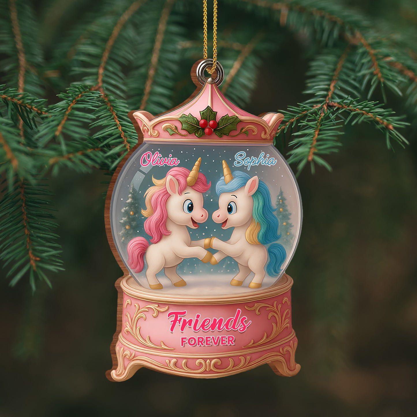 Besties Forever With Unicorns In Snow Globe - Personalized Custom Wood Ornament, Custom Shaped - BST217_WDO