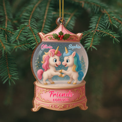 Besties Forever With Unicorns In Snow Globe - Personalized Custom Wood Ornament, Custom Shaped - BST217_WDO
