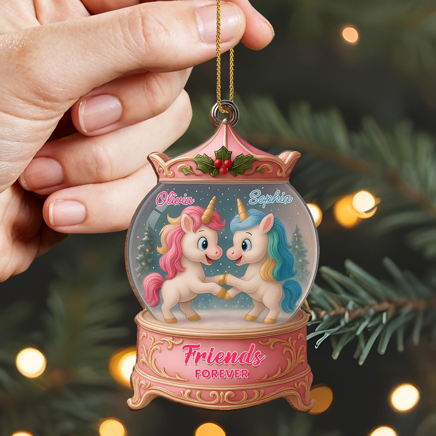 Besties Forever With Unicorns In Snow Globe - Personalized Custom Wood Ornament, Custom Shaped - BST217_WDO