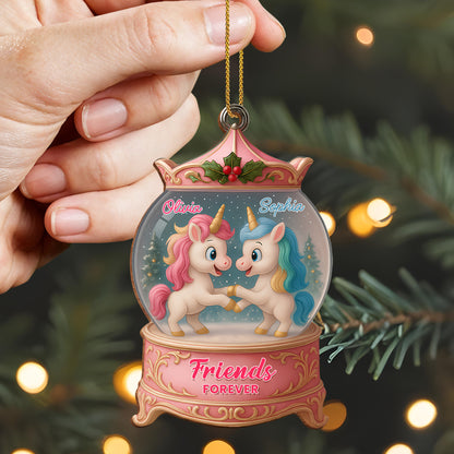 Besties Forever With Unicorns In Snow Globe - Personalized Custom Wood Ornament, Custom Shaped - BST217_WDO