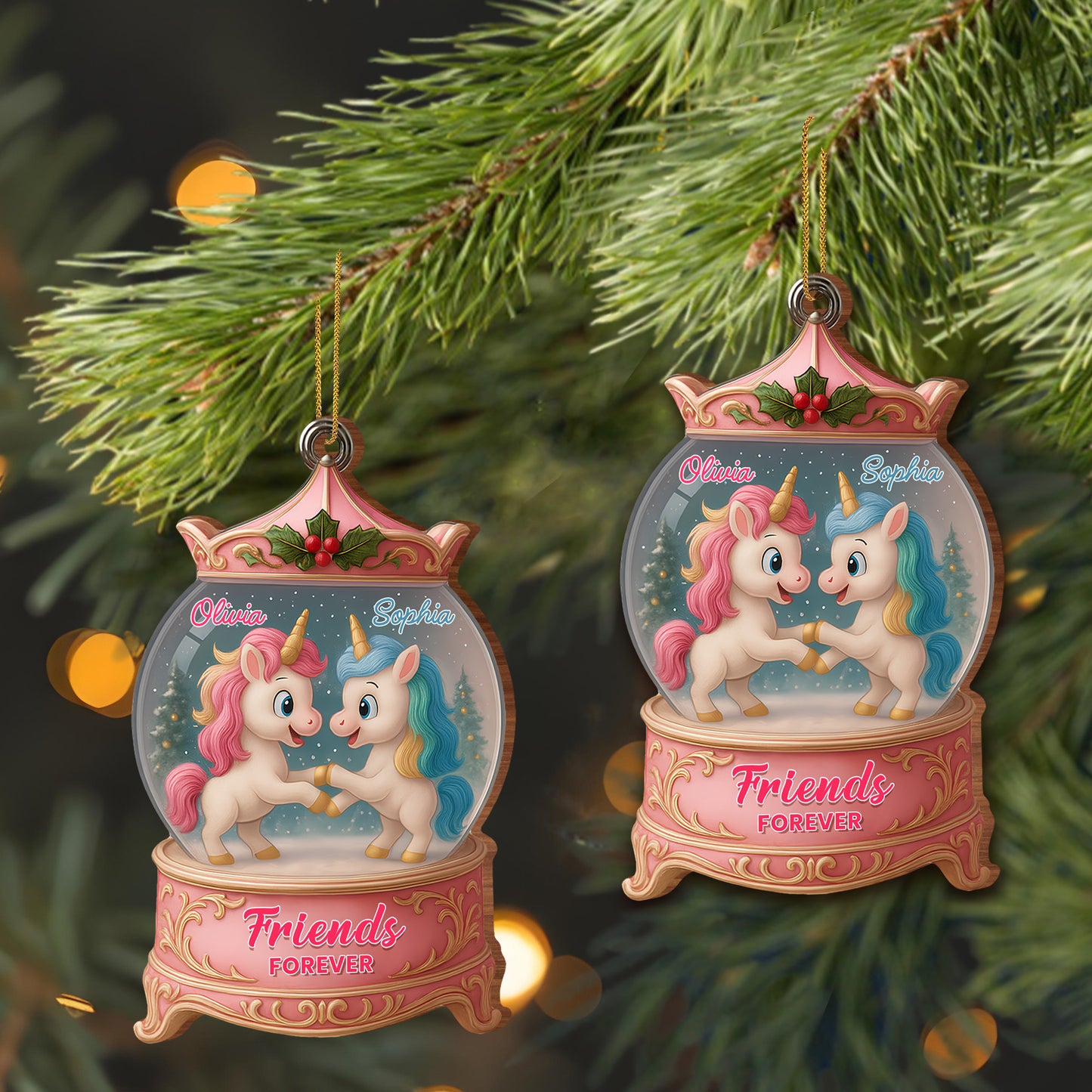 Besties Forever With Unicorns In Snow Globe - Personalized Custom Wood Ornament, Custom Shaped - BST217_WDO