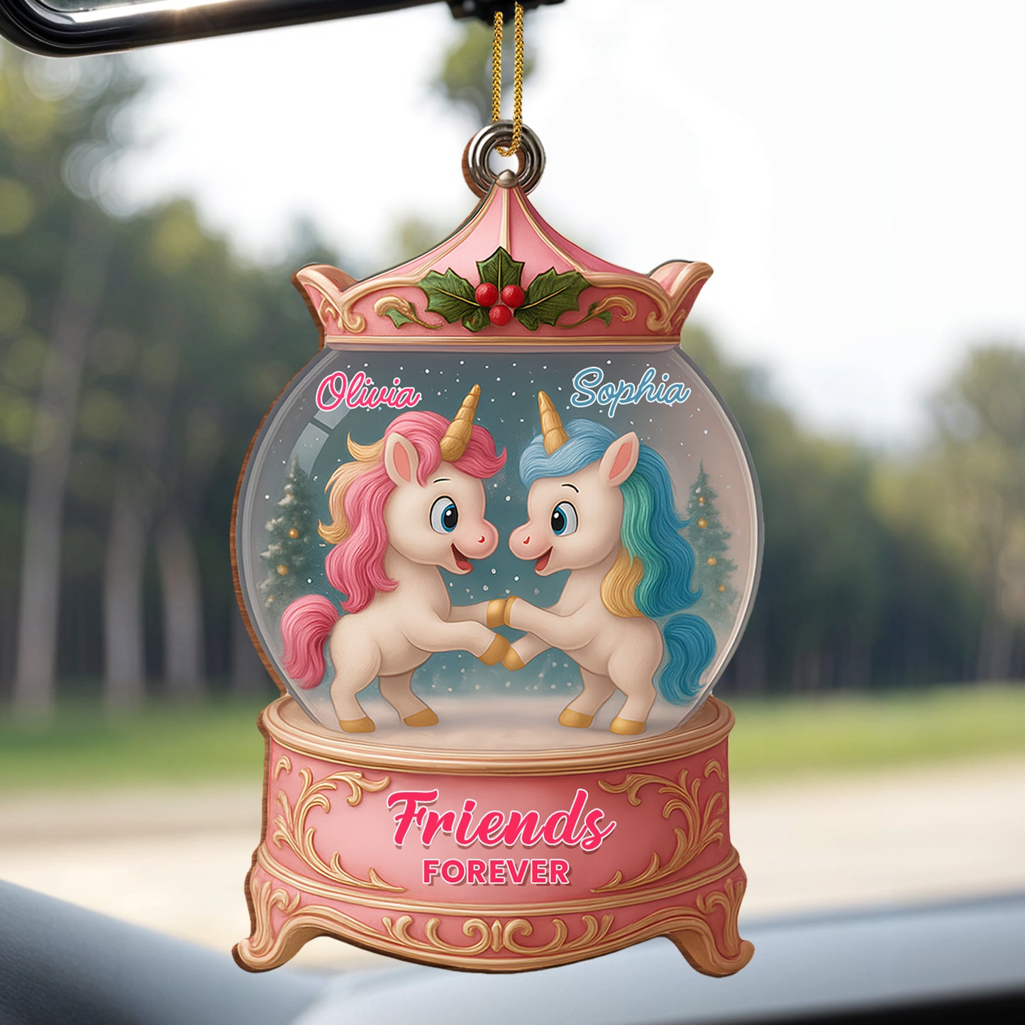 Besties Forever With Unicorns In Snow Globe - Personalized Custom Wood Ornament, Custom Shaped - BST217_WDO