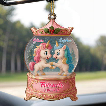 Besties Forever With Unicorns In Snow Globe - Personalized Custom Wood Ornament, Custom Shaped - BST217_WDO