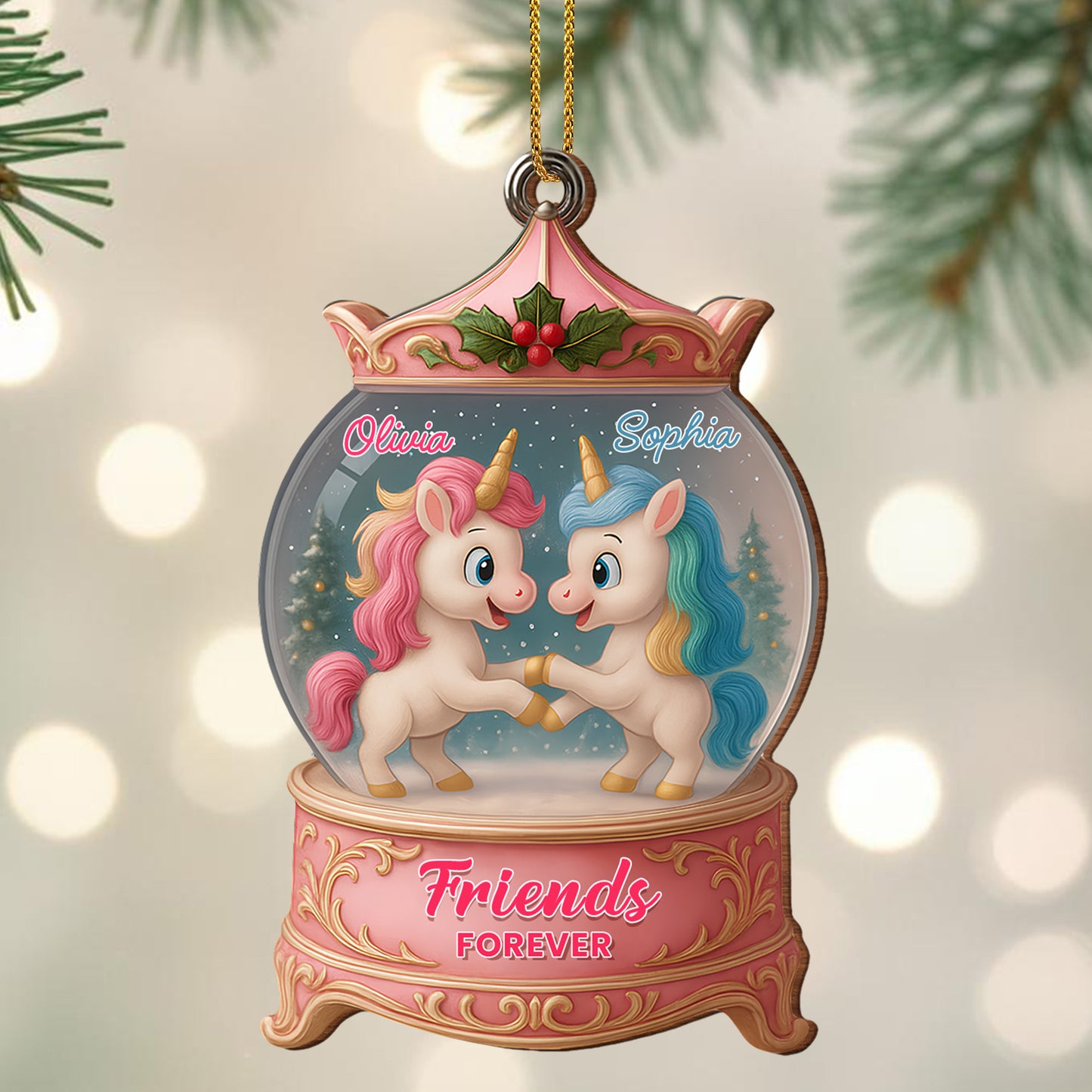 Besties Forever With Unicorns In Snow Globe - Personalized Custom Wood Ornament, Custom Shaped - BST217_WDO
